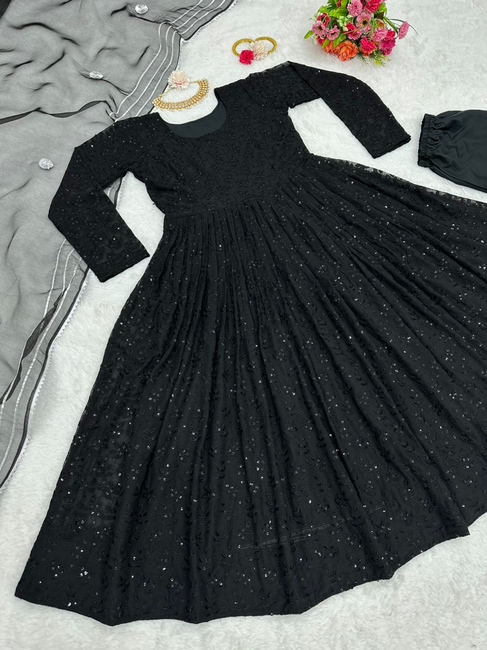 Georgette Chikan Work Full Stiched Suit With Orgenza Duppta