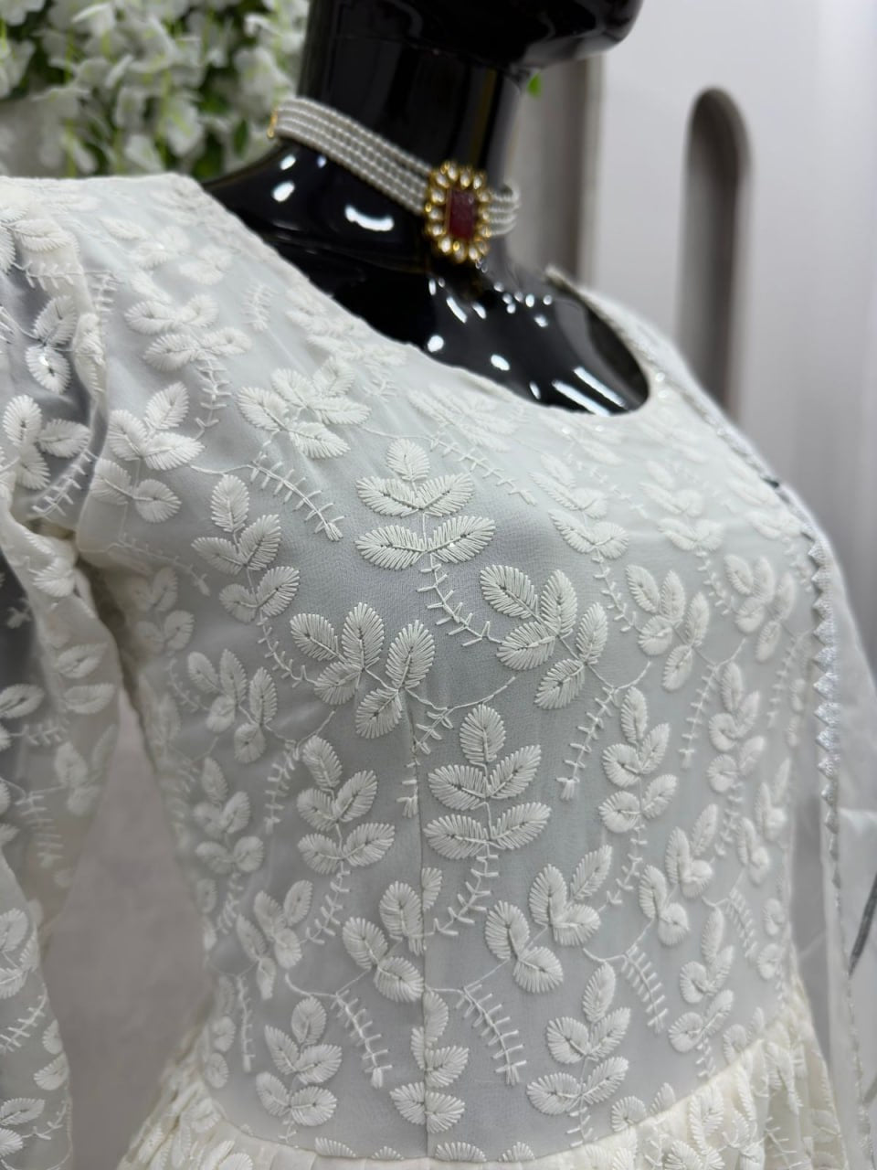 Georgette Chikan Work Full Stiched Suit With Orgenza Duppta