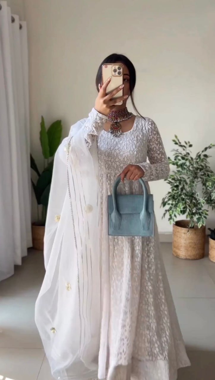 Georgette Chikan Work Full Stiched Suit With Orgenza Duppta