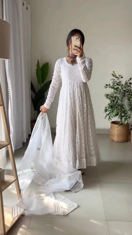 Georgette Chikan Work Full Stiched Suit With Orgenza Duppta