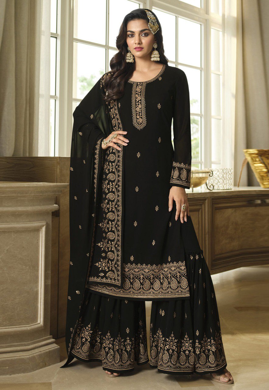 Georgette With Embroidery Work And Sequence Work Wedding Wear Sharara Suit