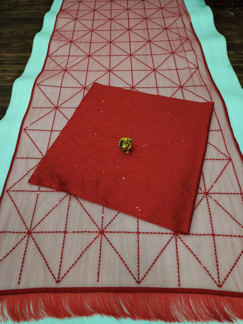 Heavy Mono Net With Heavy 5MM Multy & Sequins Work Red Saree With Designer Blouse