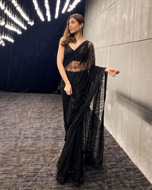 Heavy Quality Mono Net With 5MM Sequence Embrodery Work Black Saree