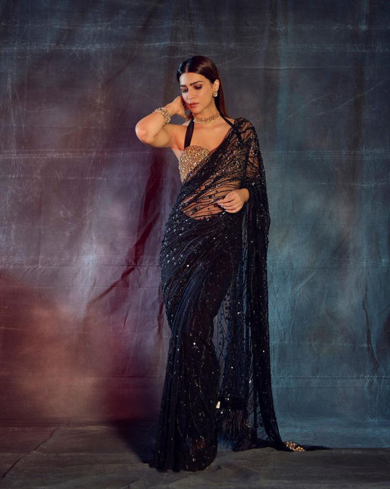 Beautiful Mono Net Embroidary And Sequence Work Saree With Sequence Worked Blouse