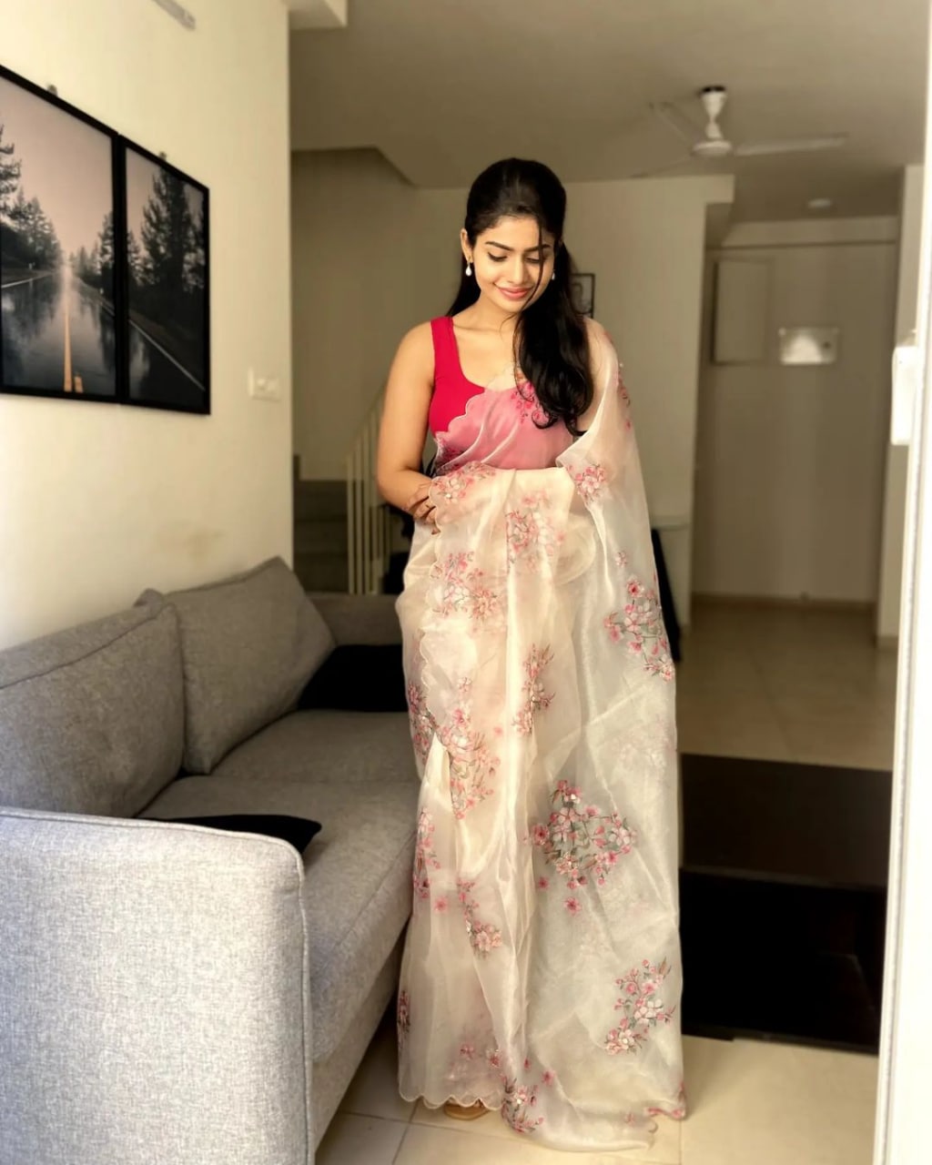 Striking Grey Color Organza Silk Sequence Moti Work Party Wear Saree Blouse