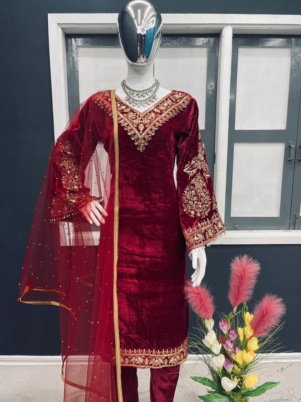 Velvet Embroidered Readymade Plazo Suit For Women