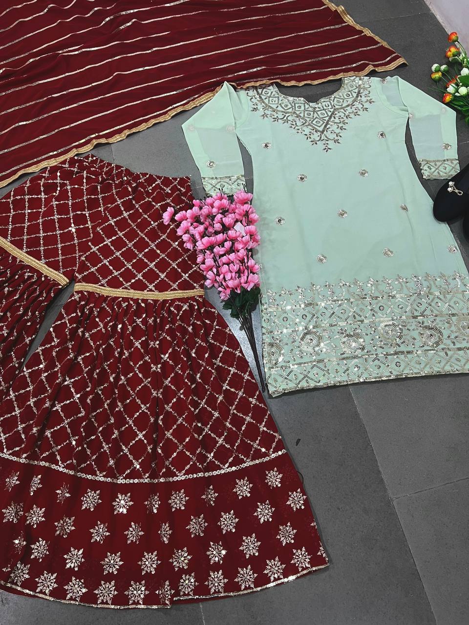 Georgette With Heavy 5mm Embroidery Sequence Work Sharara Suit