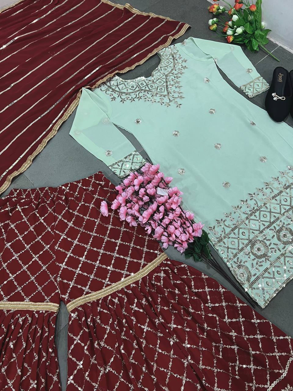 Georgette With Heavy 5mm Embroidery Sequence Work Sharara Suit