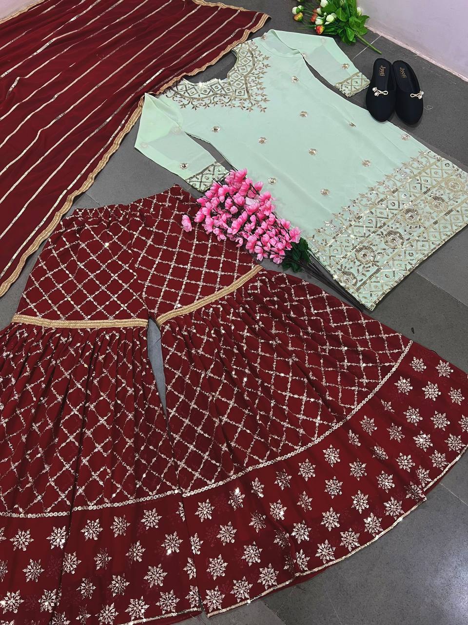 Georgette With Heavy 5mm Embroidery Sequence Work Sharara Suit