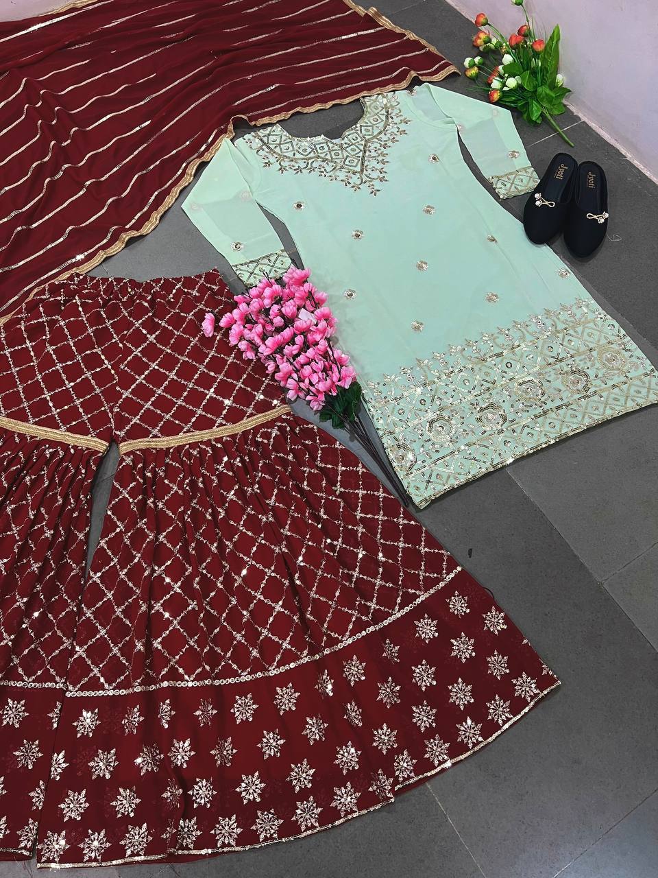 Georgette With Heavy 5mm Embroidery Sequence Work Sharara Suit