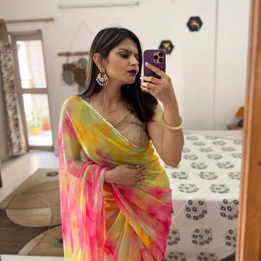 Function Wear Colorful Soft Organza Silk Digital Print Saree Blouse For Girls Wear