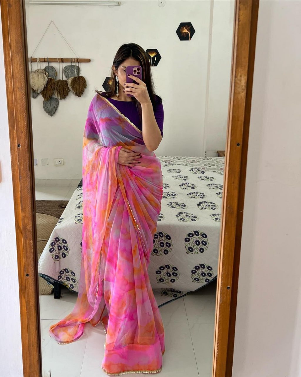 Function Wear Colorful Soft Organza Silk Digital Print Saree Blouse For Girls Wear