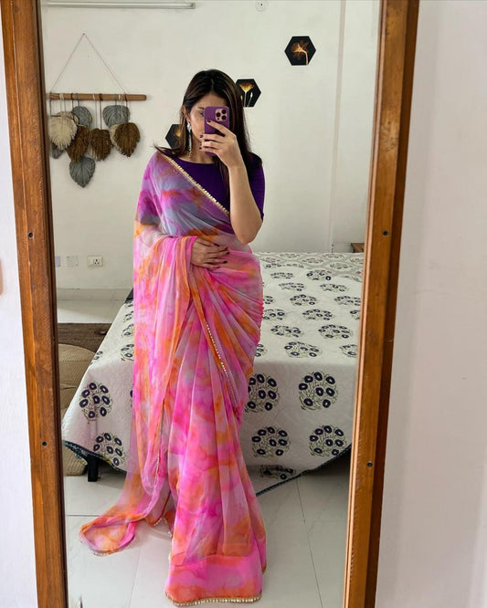 Function Wear Colorful Soft Organza Silk Digital Print Saree Blouse For Girls Wear