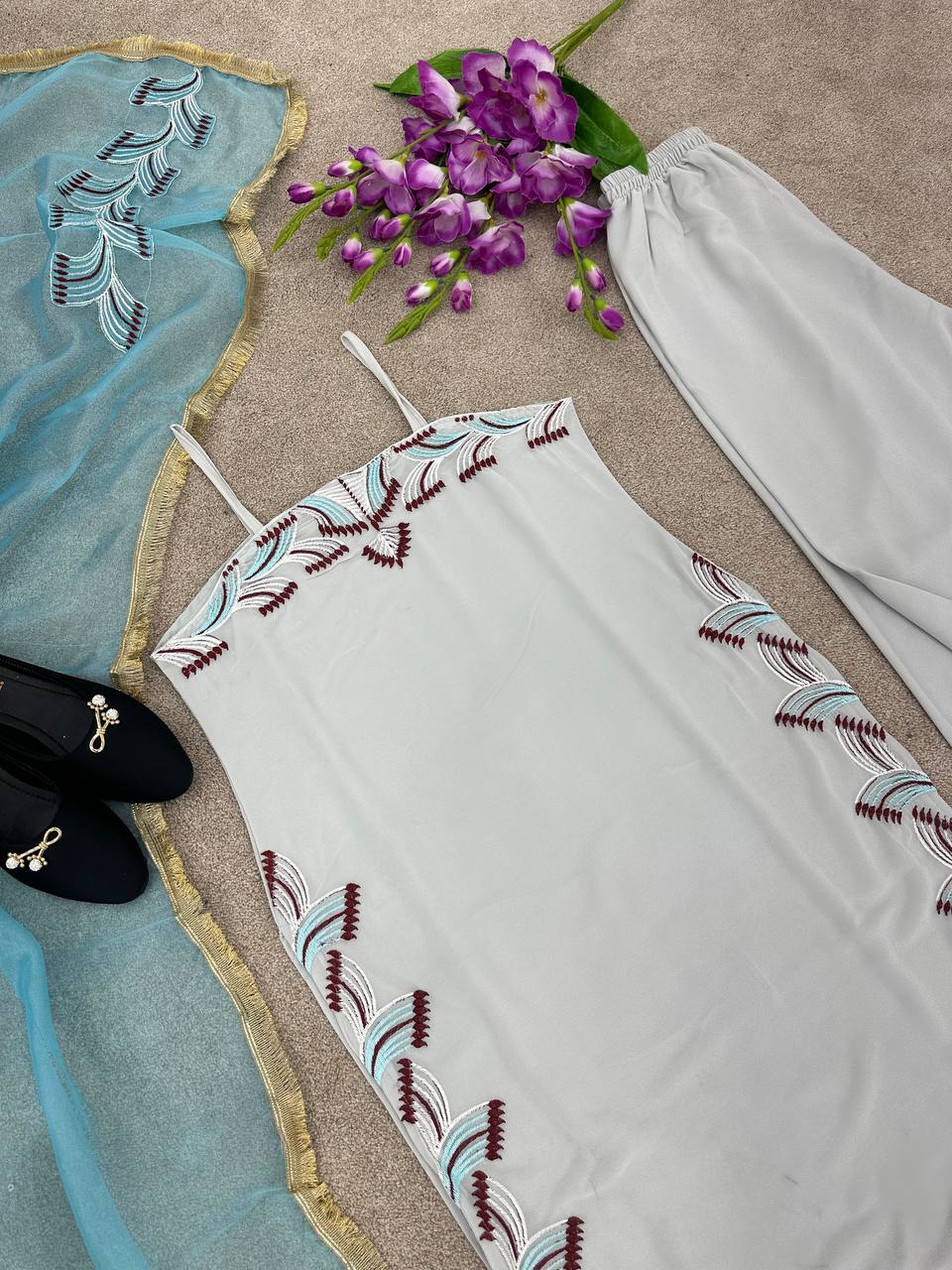 Faux Georgette Full Stiched Suit With Fancy Embroidery Work