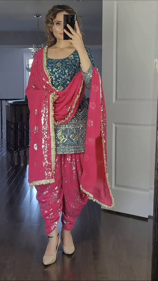 Georgette Patiyala With Heavy Embroidery 5mm Rembo Sequence Work With Sleeve