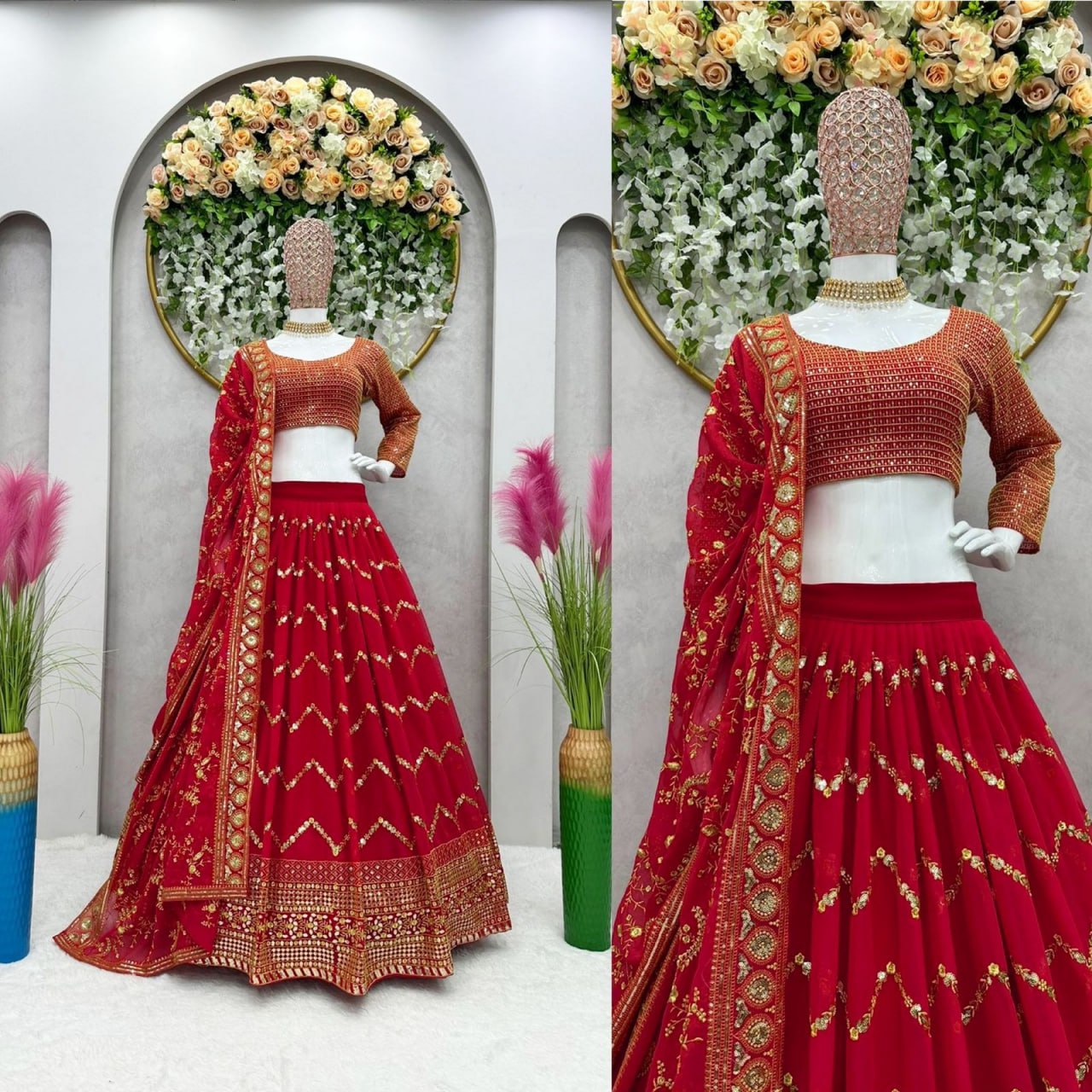 Wedding Wear Red Color Faux Georgette Heavy Embroidered Semi Stitched Lehenga Choli