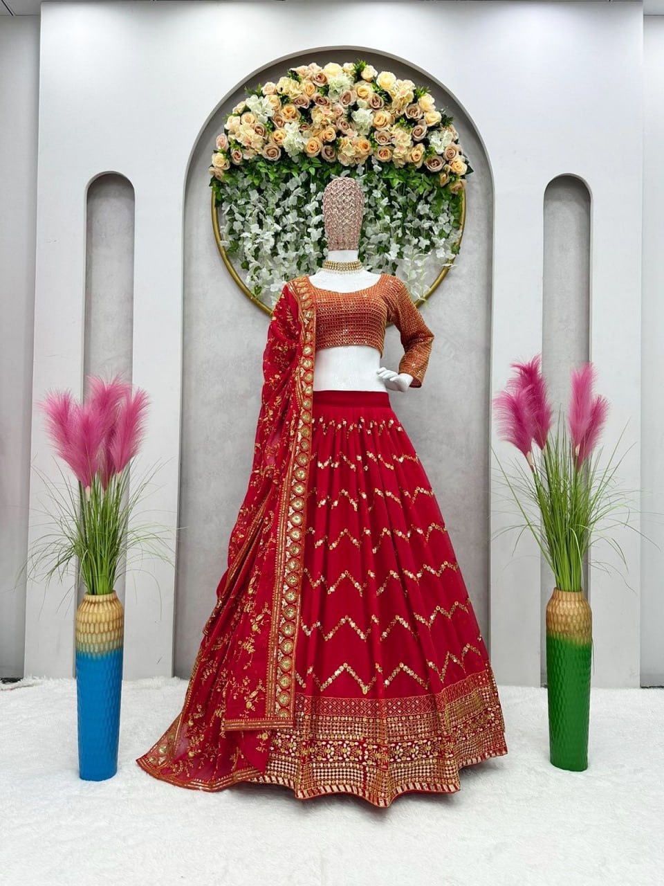 Wedding Wear Red Color Faux Georgette Heavy Embroidered Semi Stitched Lehenga Choli