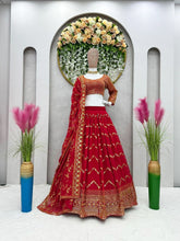 Load image into Gallery viewer, Wedding Wear Red Color Faux Georgette Heavy Embroidered Semi Stitched Lehenga Choli
