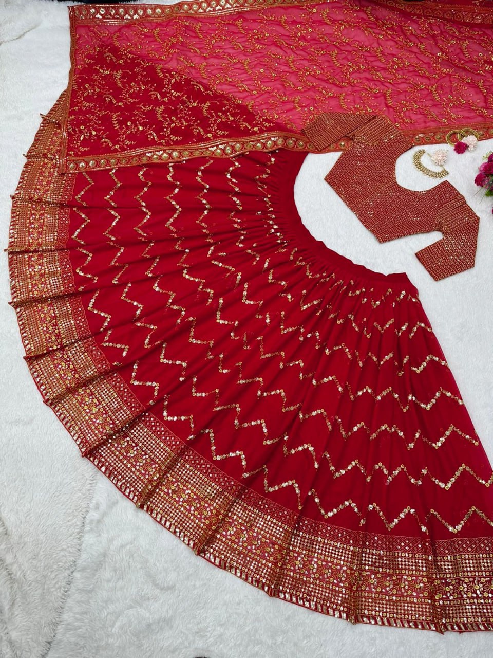 Wedding Wear Red Color Faux Georgette Heavy Embroidered Semi Stitched Lehenga Choli