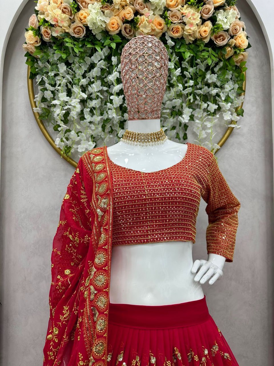 Wedding Wear Red Color Faux Georgette Heavy Embroidered Semi Stitched Lehenga Choli