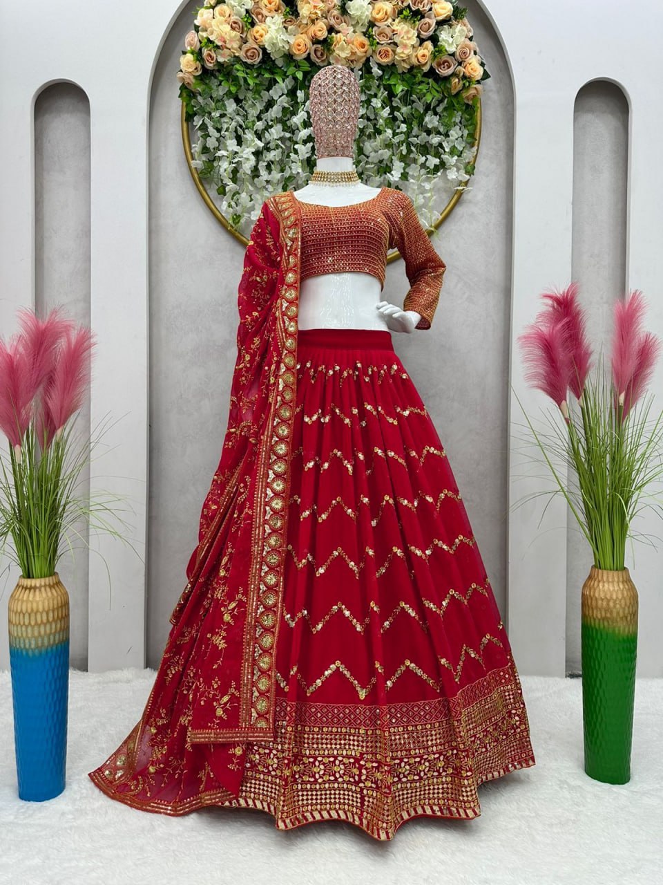 Wedding Wear Red Color Faux Georgette Heavy Embroidered Semi Stitched Lehenga Choli