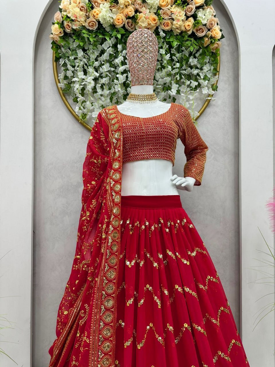 Wedding Wear Red Color Faux Georgette Heavy Embroidered Semi Stitched Lehenga Choli