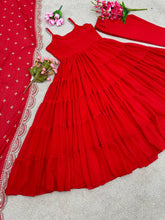 Load image into Gallery viewer, Full Fleir Stiched Red Colour Georgette Trending Party Wear Gown With Fancy Duppta
