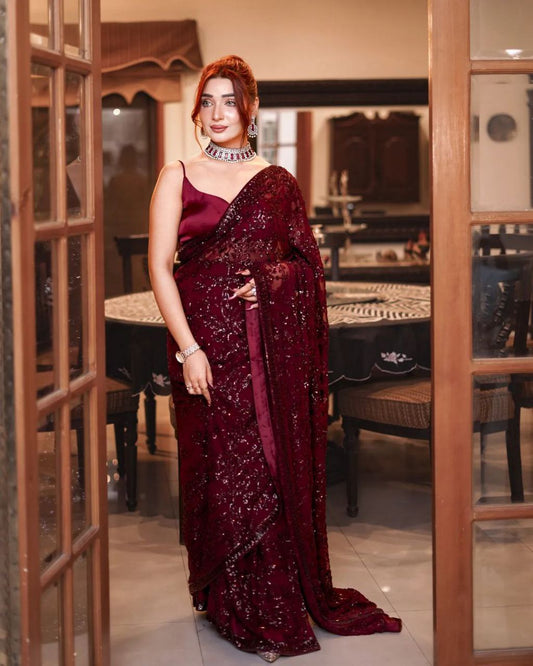Maroon Georgette Sequence Embroidered Party Wear Saree