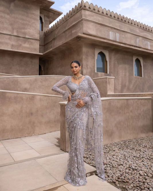 Grey Party Wear Sequence Work Saree Blouse
