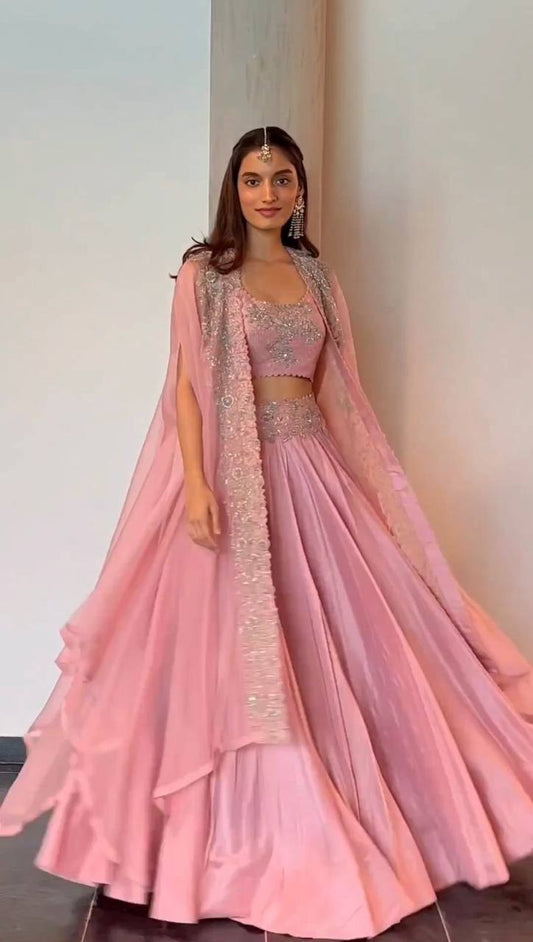Astonishing Pink Color Wedding Wear Satin Embroidered Work Lehenga Choli