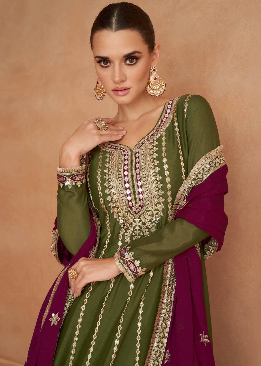 New Designer Green Salwar Suit Chinon Fabric For Women