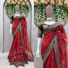 Load image into Gallery viewer, Beautiful Designer Saree On Jimmy Fabric With Thread  Sequence Work
