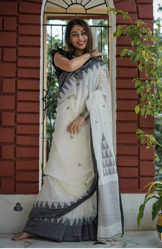 Beautiful Rich Pallu Linan Cotton Slub Weaving Work White Saree