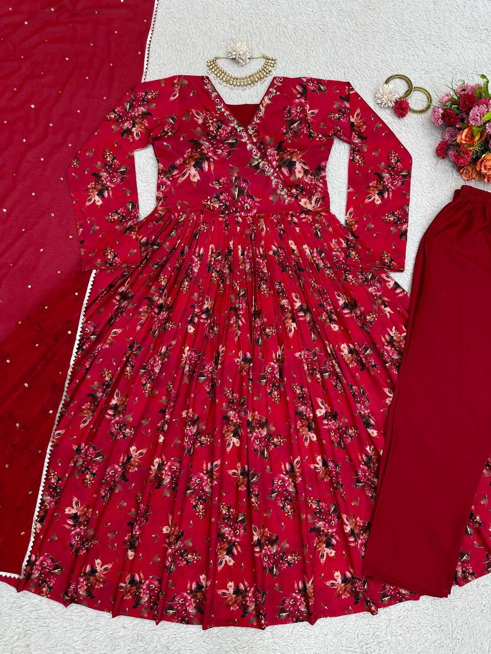 Beautiful Muslin Cotton fabric With Digital Print Handwork Red Colour Salwar Suit