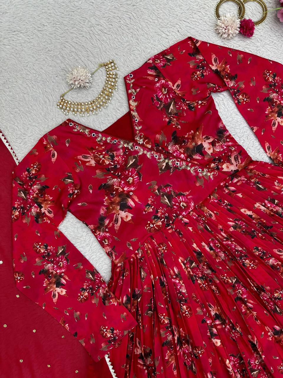 Beautiful Muslin Cotton fabric With Digital Print Handwork Red Colour Salwar Suit