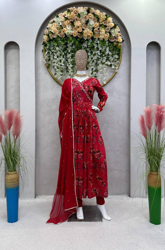 Beautiful Muslin Cotton fabric With Digital Print Handwork Red Colour Salwar Suit