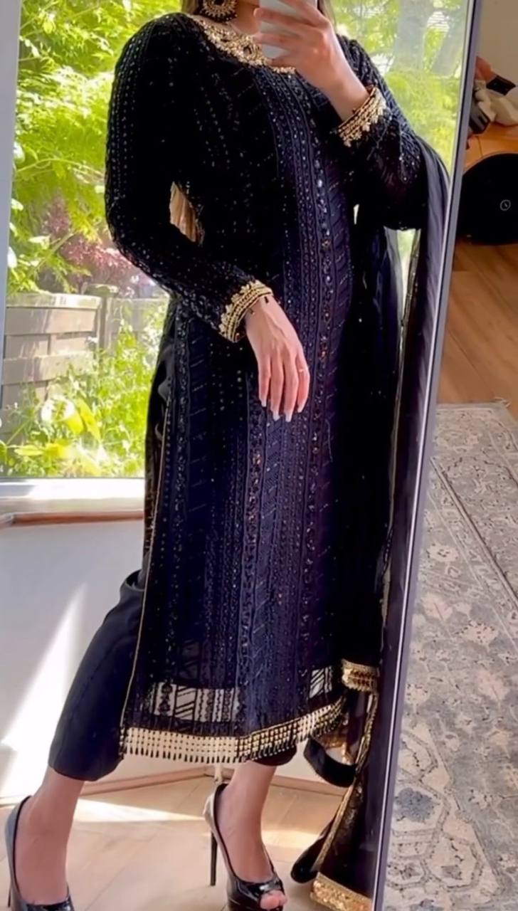 Designer Georgette Fabric Black Colour Top , Pent With Dupatta Thread Work