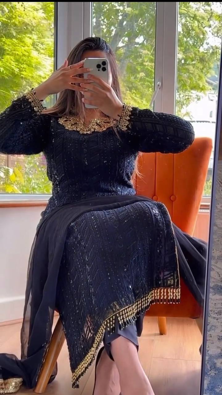 Designer Georgette Fabric Black Colour Top , Pent With Dupatta Thread Work
