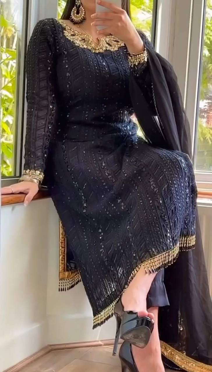 Designer Georgette Fabric Black Colour Top , Pent With Dupatta Thread Work