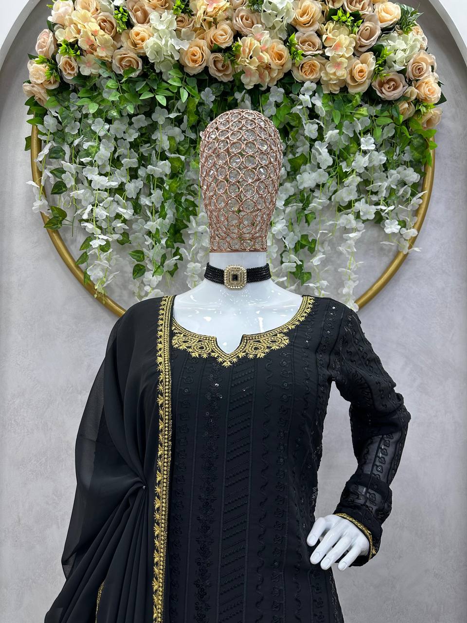 Designer Georgette Fabric Black Colour Top , Pent With Dupatta Thread Work