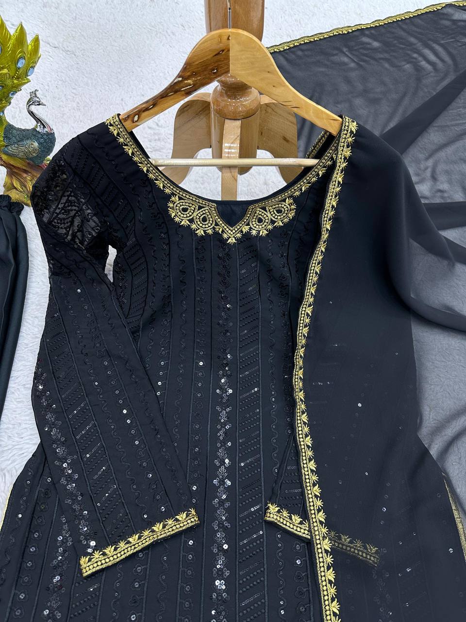 Designer Georgette Fabric Black Colour Top , Pent With Dupatta Thread Work