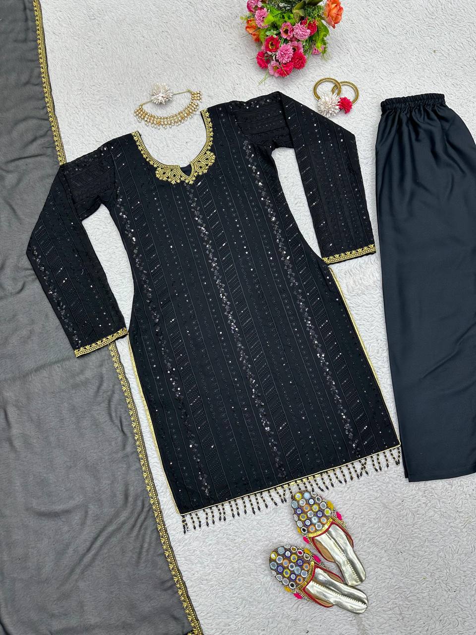 Designer Georgette Fabric Black Colour Top , Pent With Dupatta Thread Work
