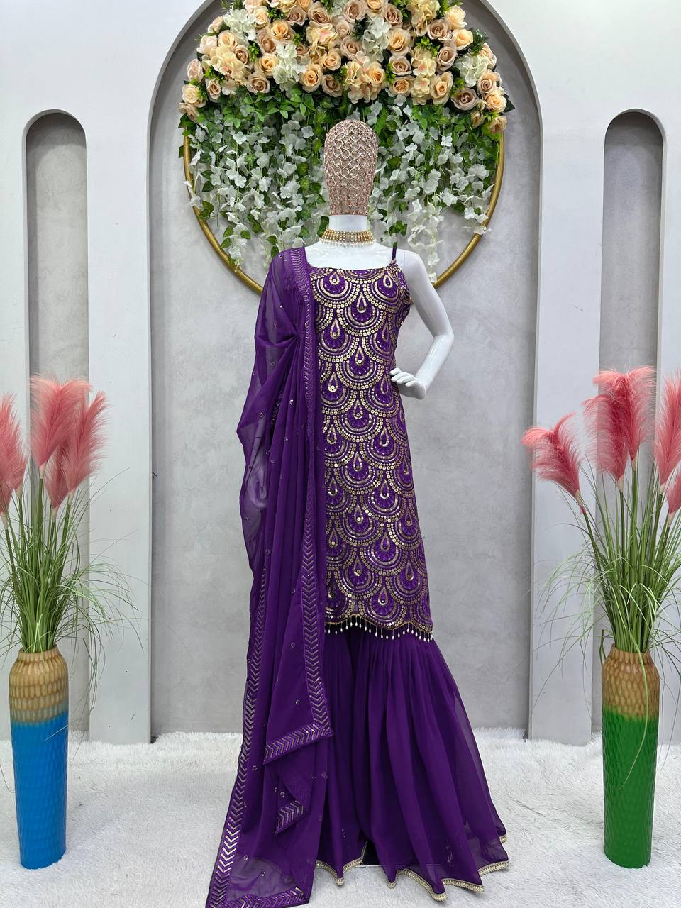 Attractive Purple Colour Georgette Fabric Sharara With Thread And Sequences Work