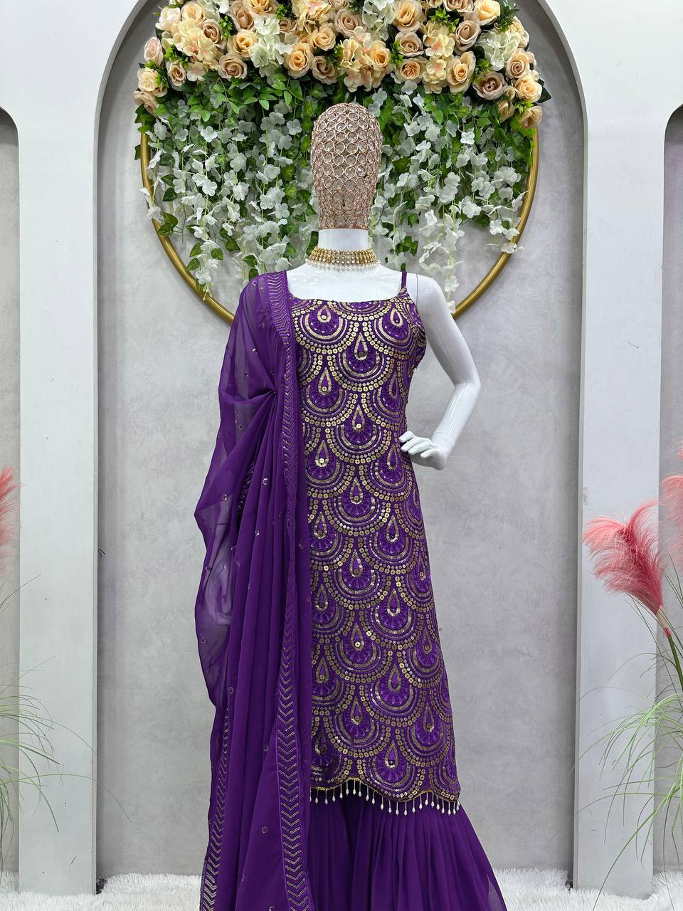 Attractive Purple Colour Georgette Fabric Sharara With Thread And Sequences Work