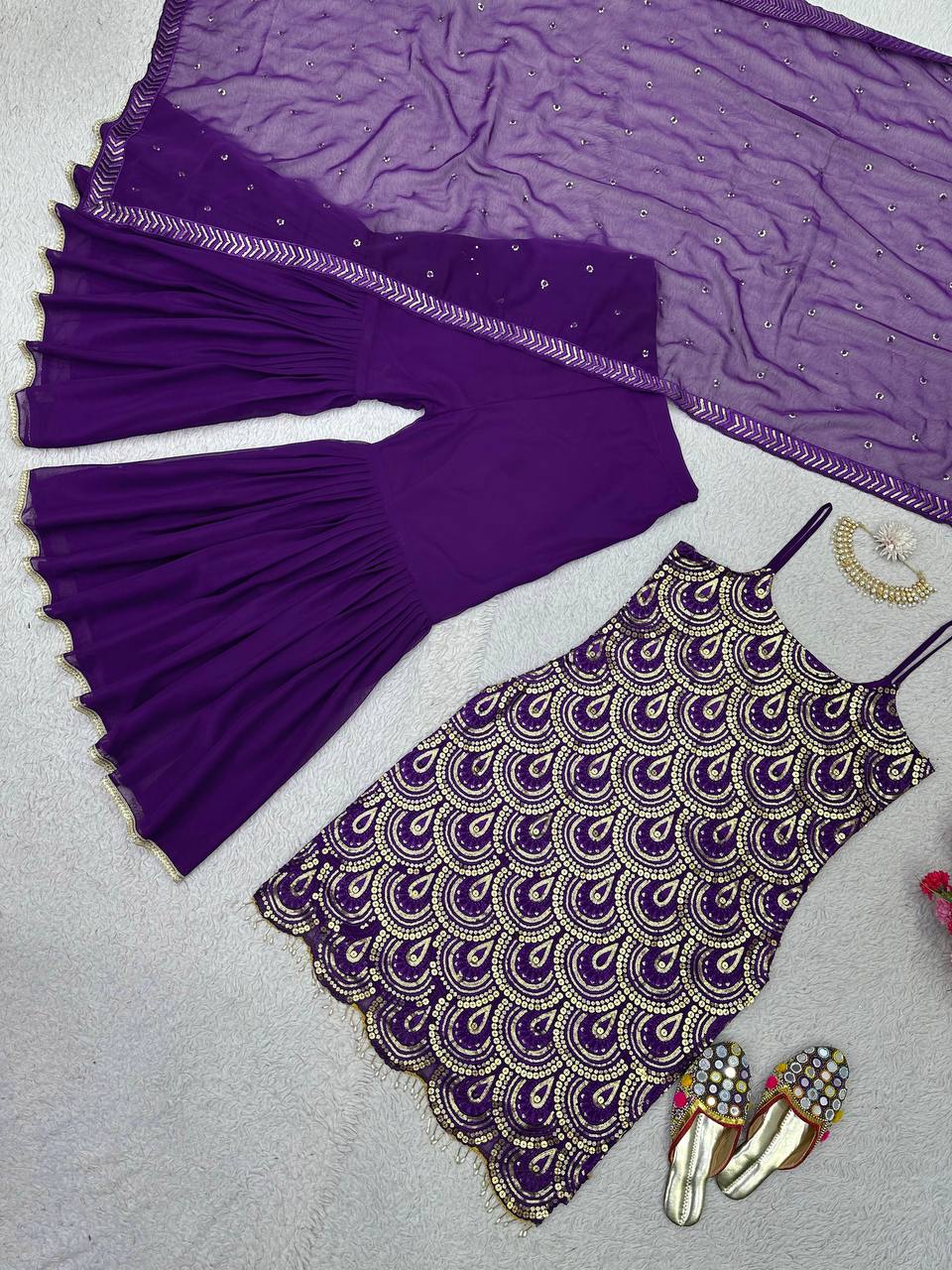 Attractive Purple Colour Georgette Fabric Sharara With Thread And Sequences Work