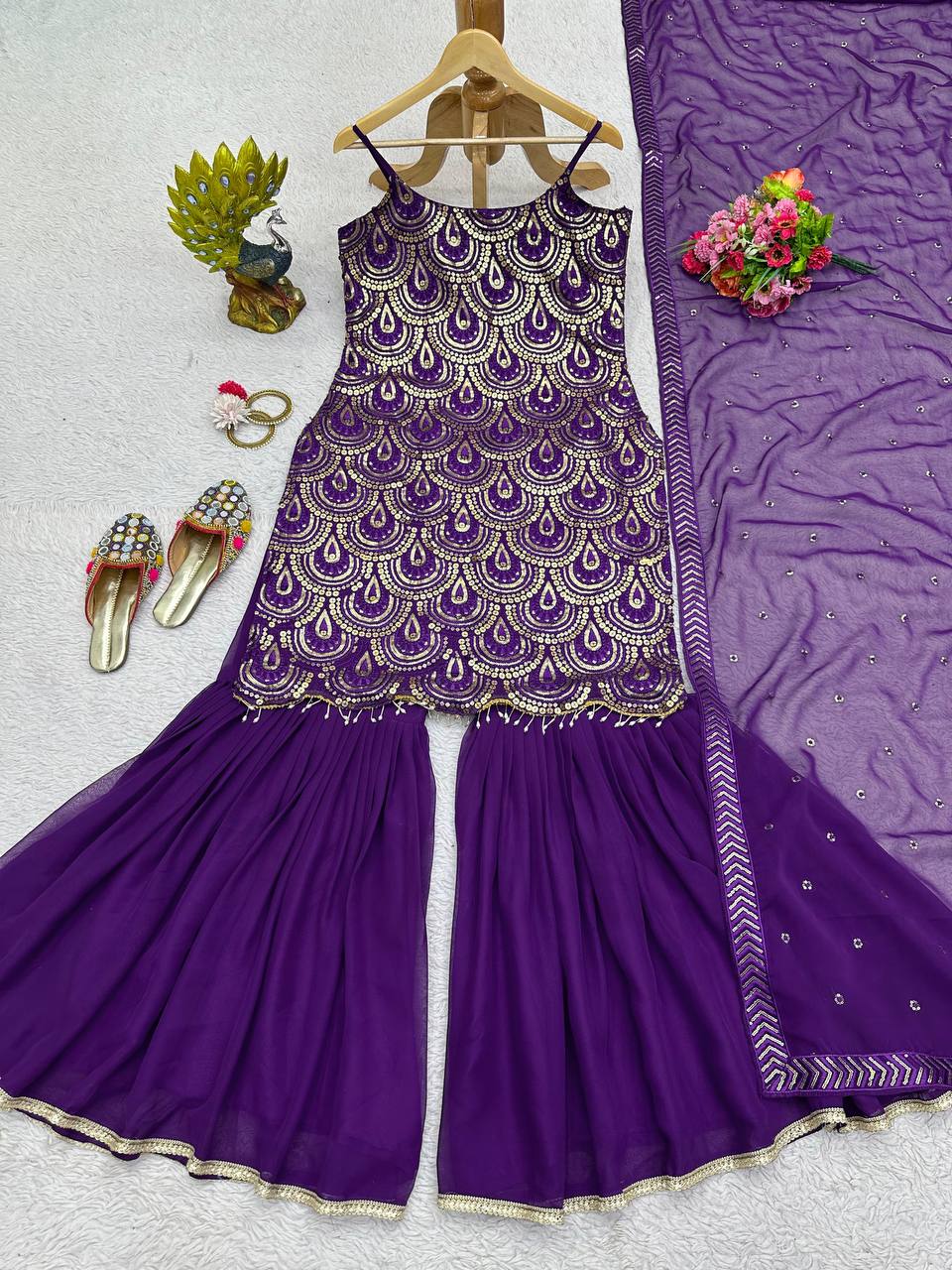 Attractive Purple Colour Georgette Fabric Sharara With Thread And Sequences Work