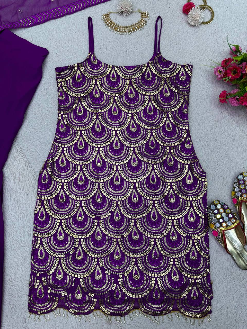 Attractive Purple Colour Georgette Fabric Sharara With Thread And Sequences Work