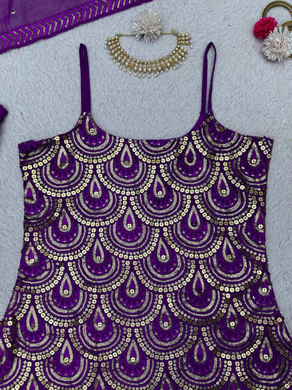 Attractive Purple Colour Georgette Fabric Sharara With Thread And Sequences Work