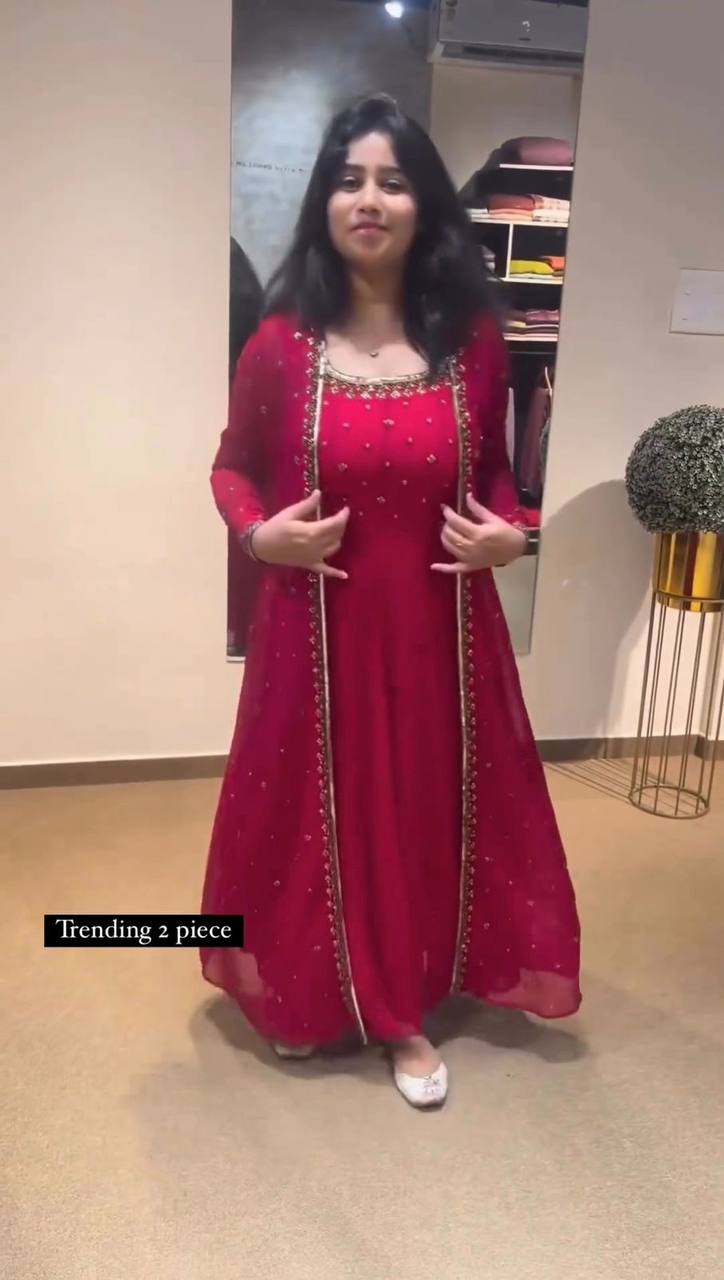 Beautiful Georgette Fabric Pink Colour Gown With Shrug