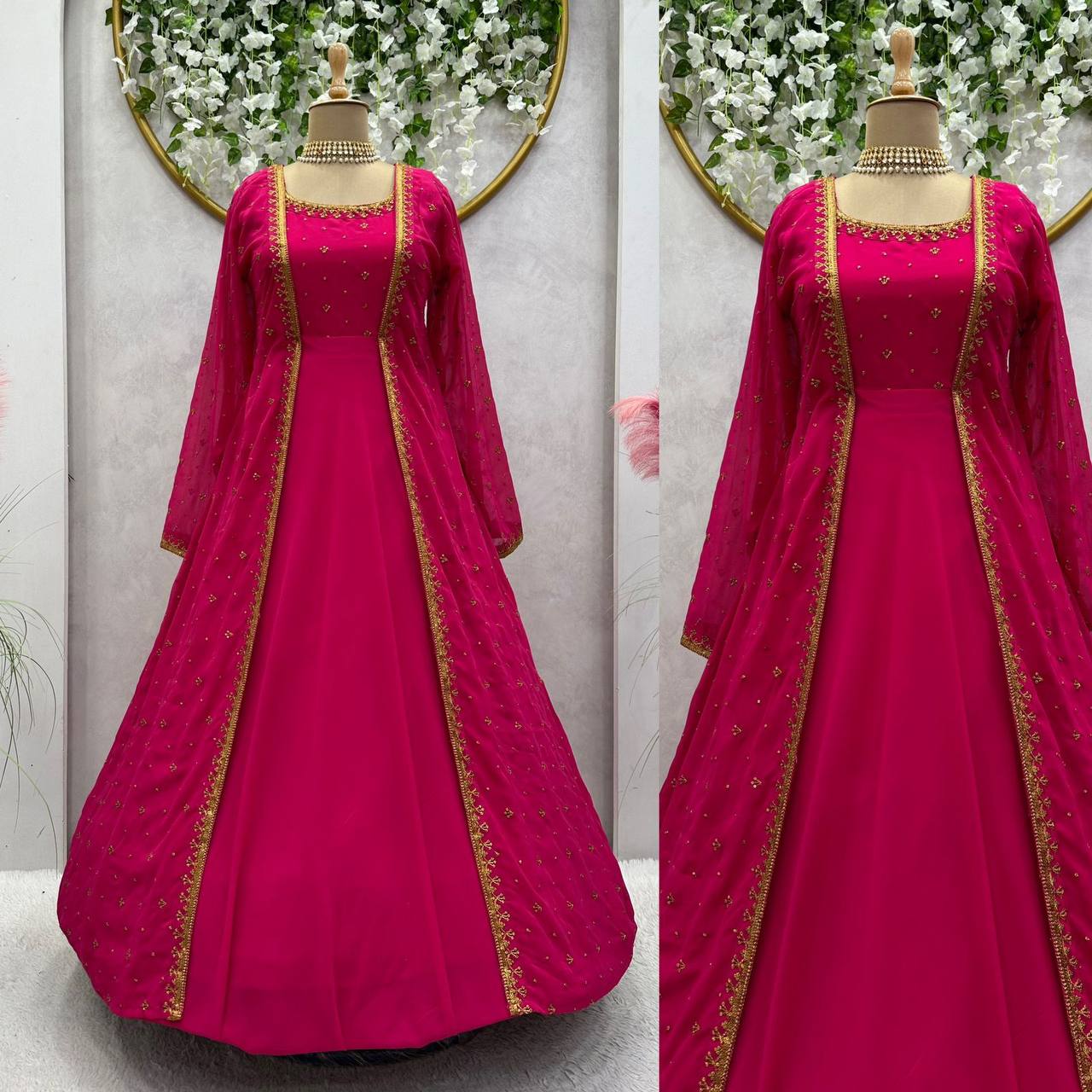 Beautiful Georgette Fabric Pink Colour Gown With Shrug